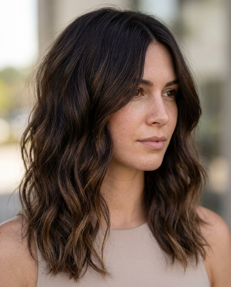 medium espresso brunette wolf cut with clear gloss and sun-kissed ends for relaxed beachy style