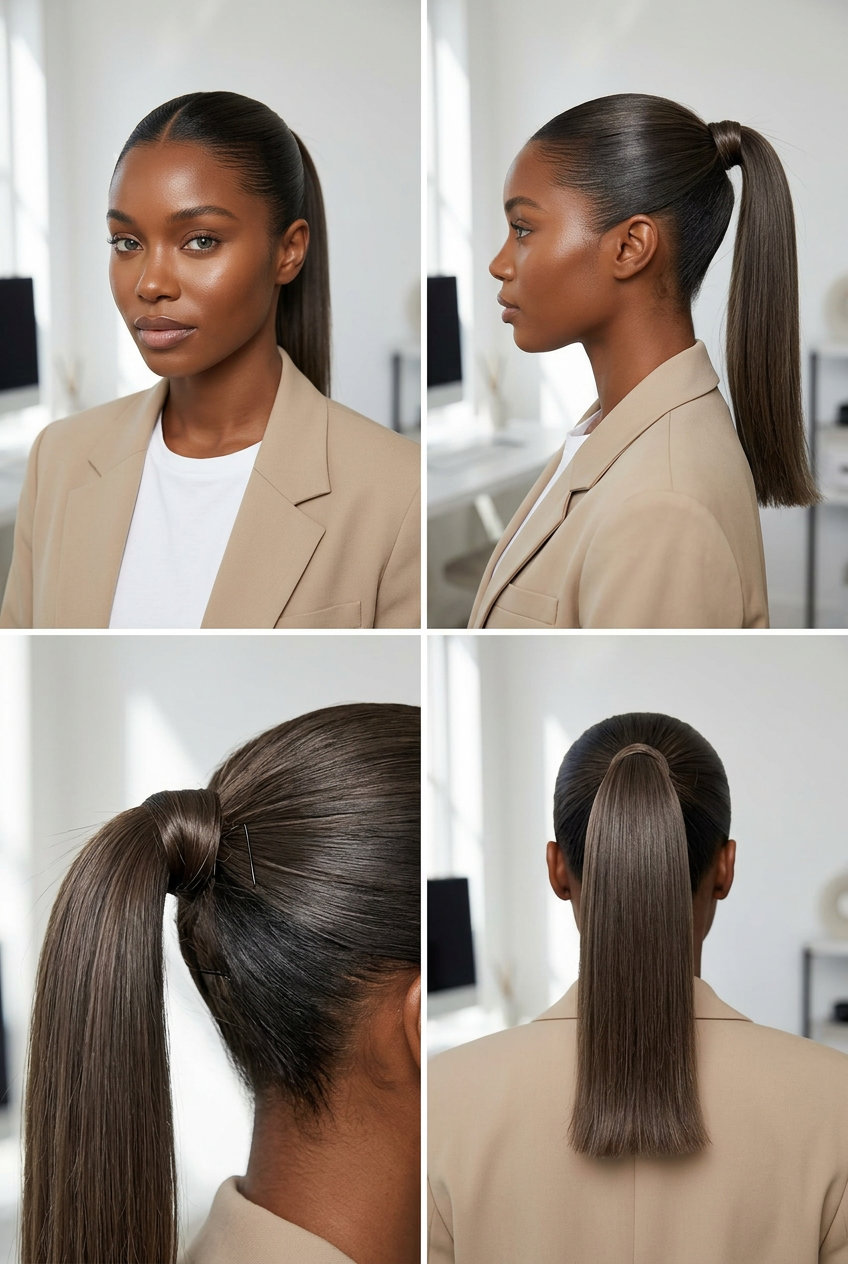 mid-length blunt cut in deep espresso brunette, cool ash undertones, sharp middle part — polished