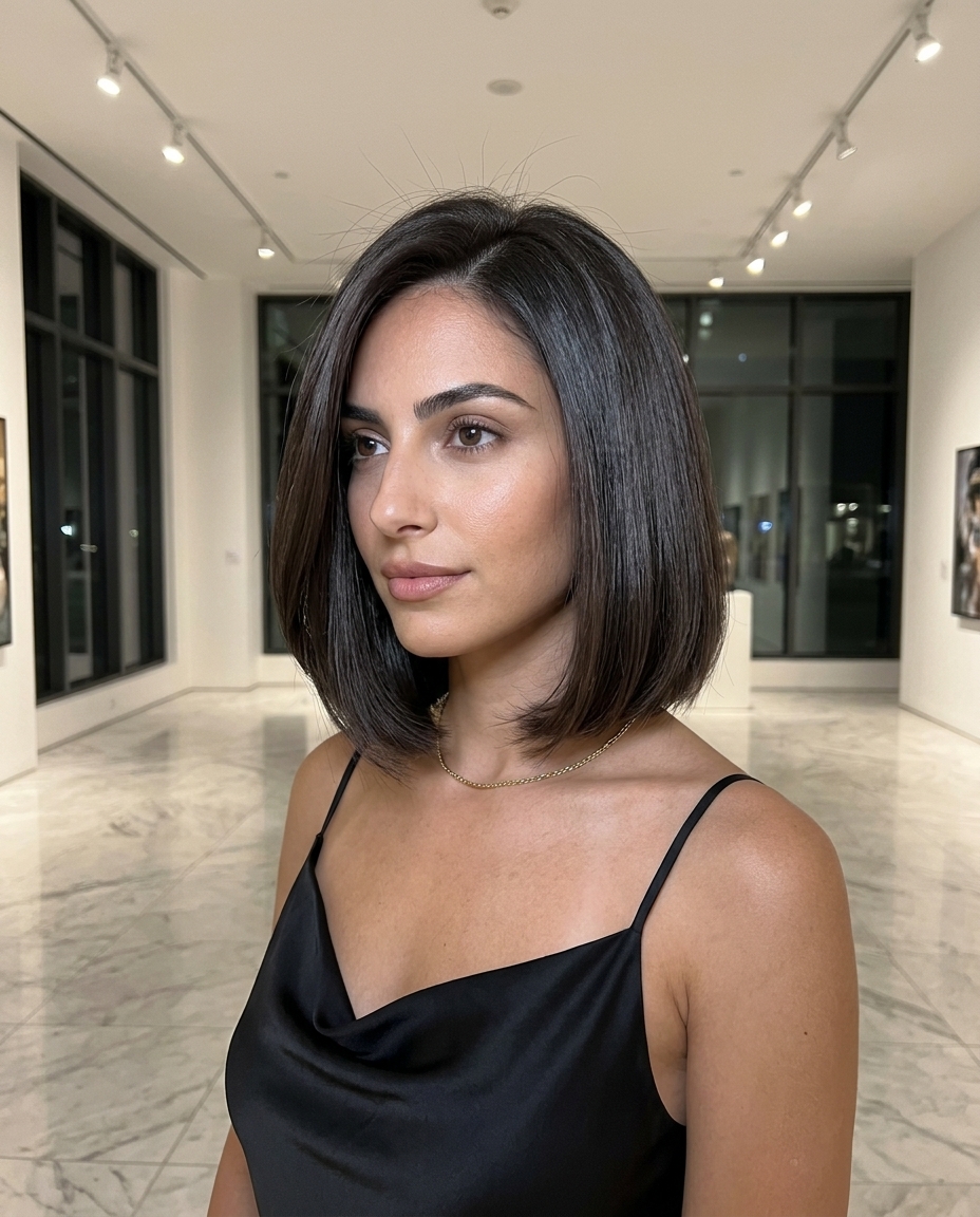 neck-length blunt bob haircut in deep espresso brunette with cool undertones and glass-like shine for chic look
