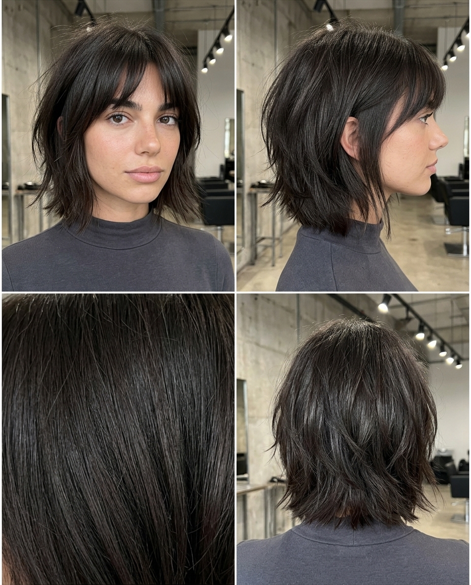 Espresso Shag Choppy Bob 2026 short choppy bob haircut with deep espresso brunette, shattered layers, and fringe for summer 2026