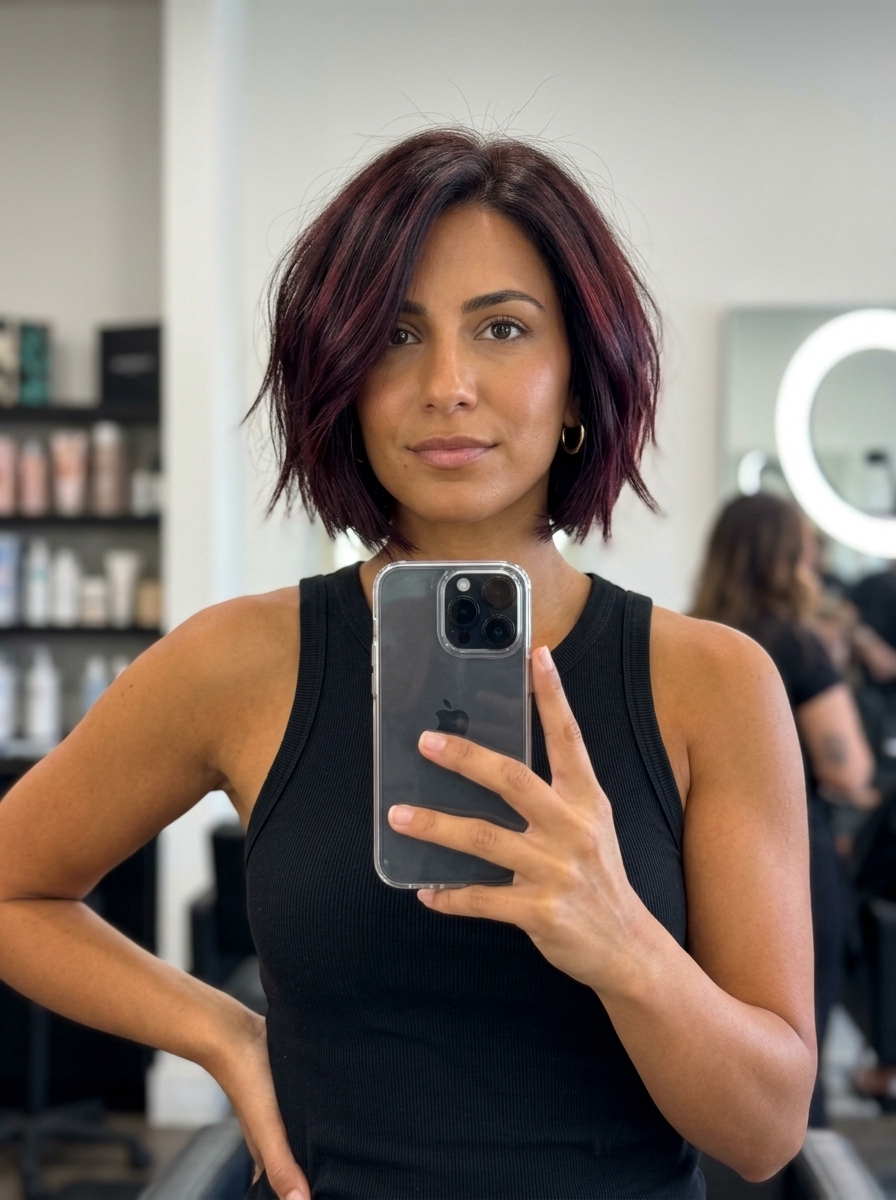 Cherry Noir Choppy Bob 2026 short choppy bob haircut with espresso brunette color, cherry red glaze, undercut nape — sophisticated evening