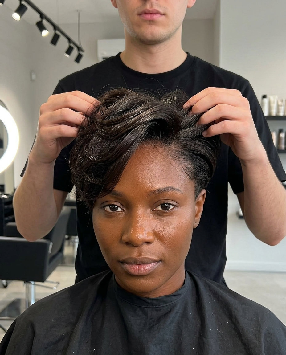 short espresso brunette layered pixie with choppy texture and tapered sides