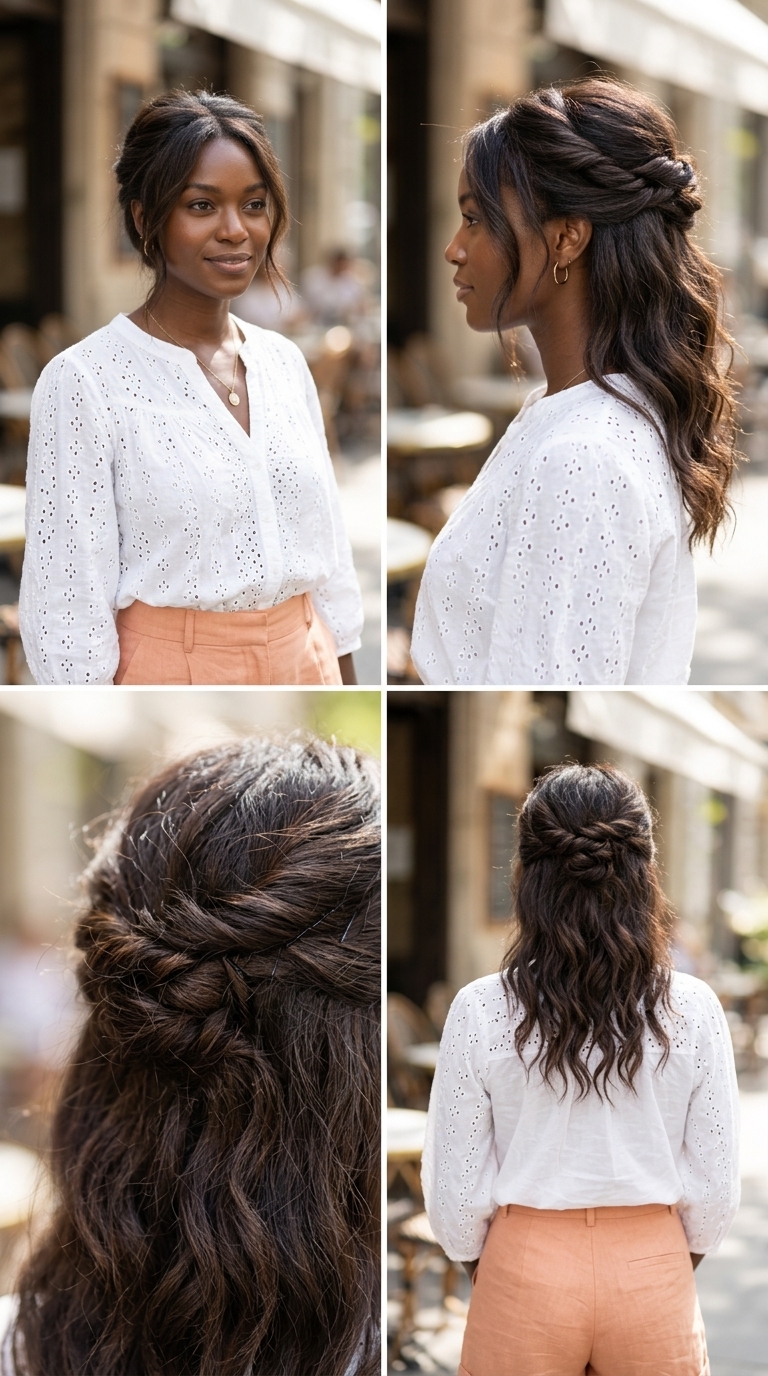 espresso brunette messy half-up twist with cool mocha undertones and loose face-framing pieces