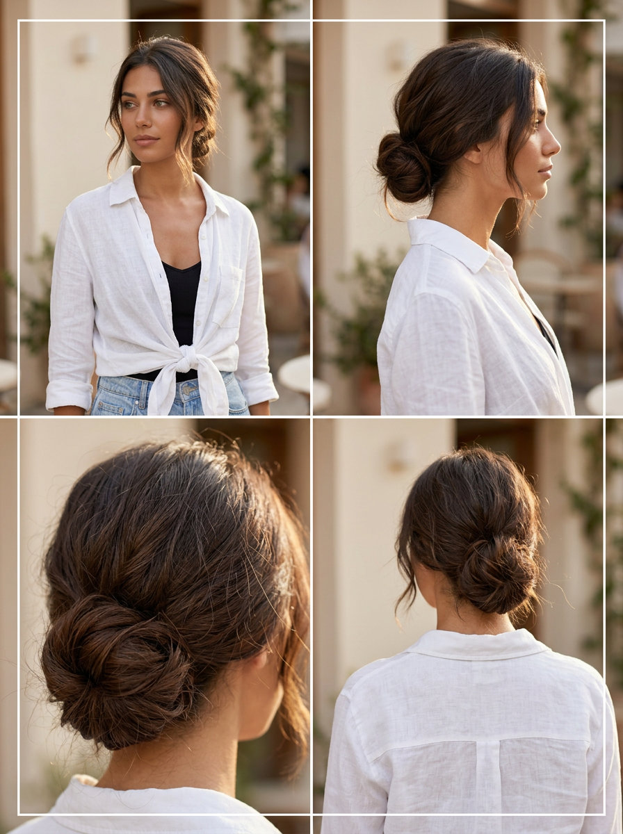 espresso brunette messy low bun with soft wispy pieces and center part for casual dates