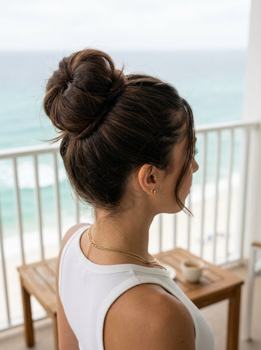 espresso brunette voluminous sock bun updo with pulled-apart texture and face-framing strands