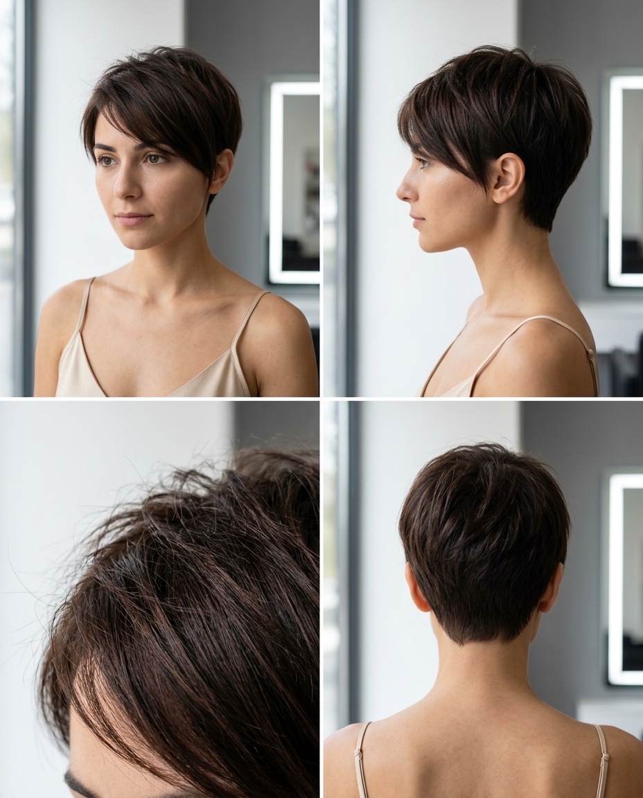 very short pixie haircut in espresso brunette with mahogany lowlights, razored layers, side-swept fringe — sophisticated summer