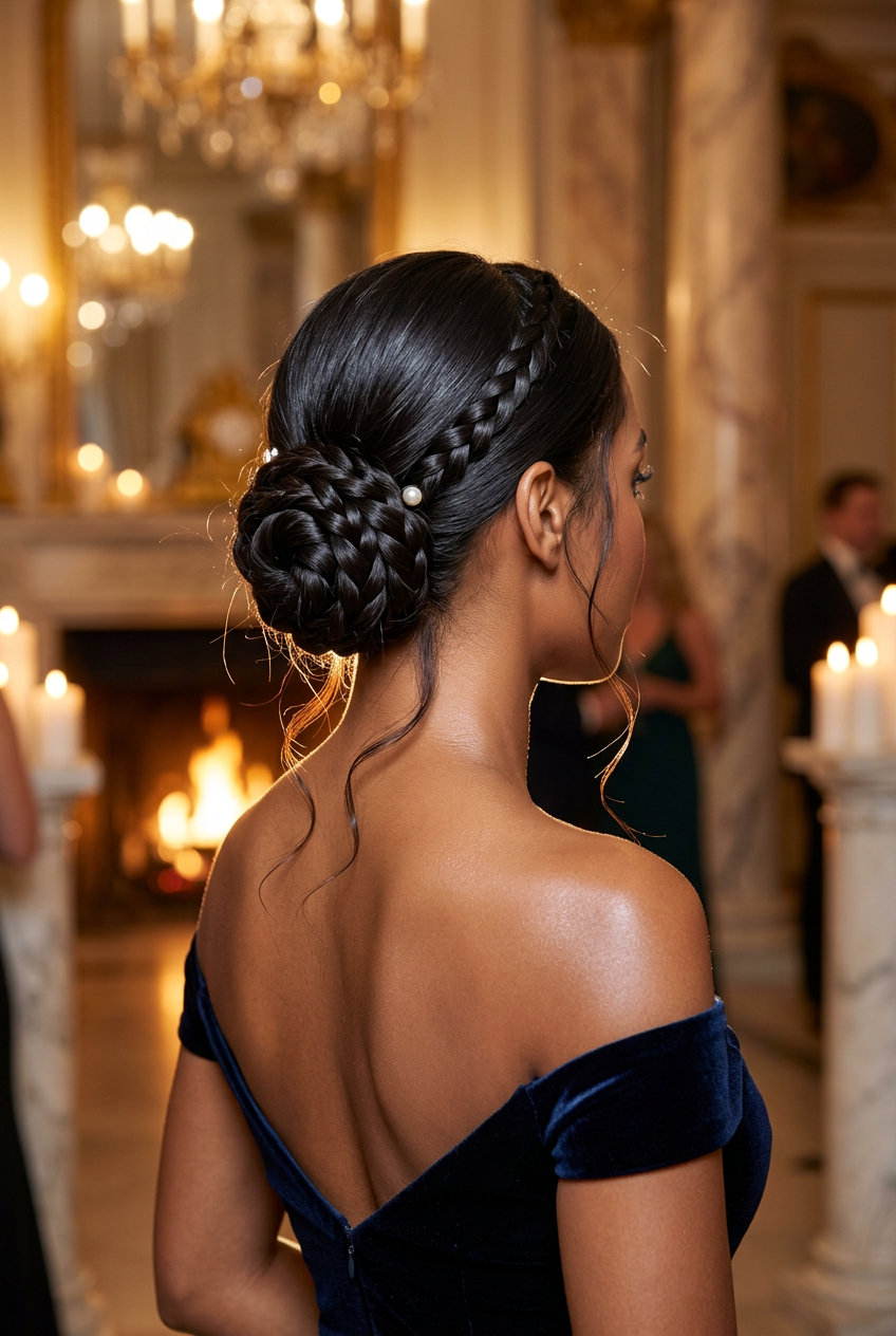waist-length layered cut with deep espresso brunette, braided rosette bun for elegant galas