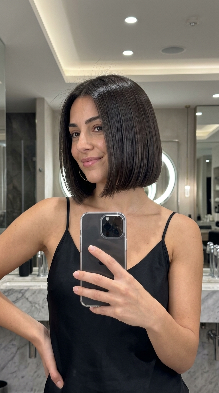 Hydro-Gloss Bob: Modern Summer Hair 2026 chin-length blunt bob haircut in deep espresso brunette with cool undertones for summer 2026