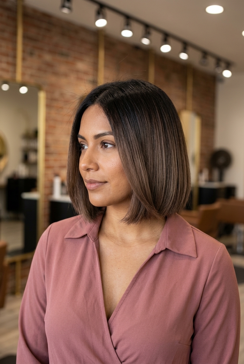 chin-length blunt bob with espresso to mocha brown ombre, ghost layers, side part — sophisticated classic