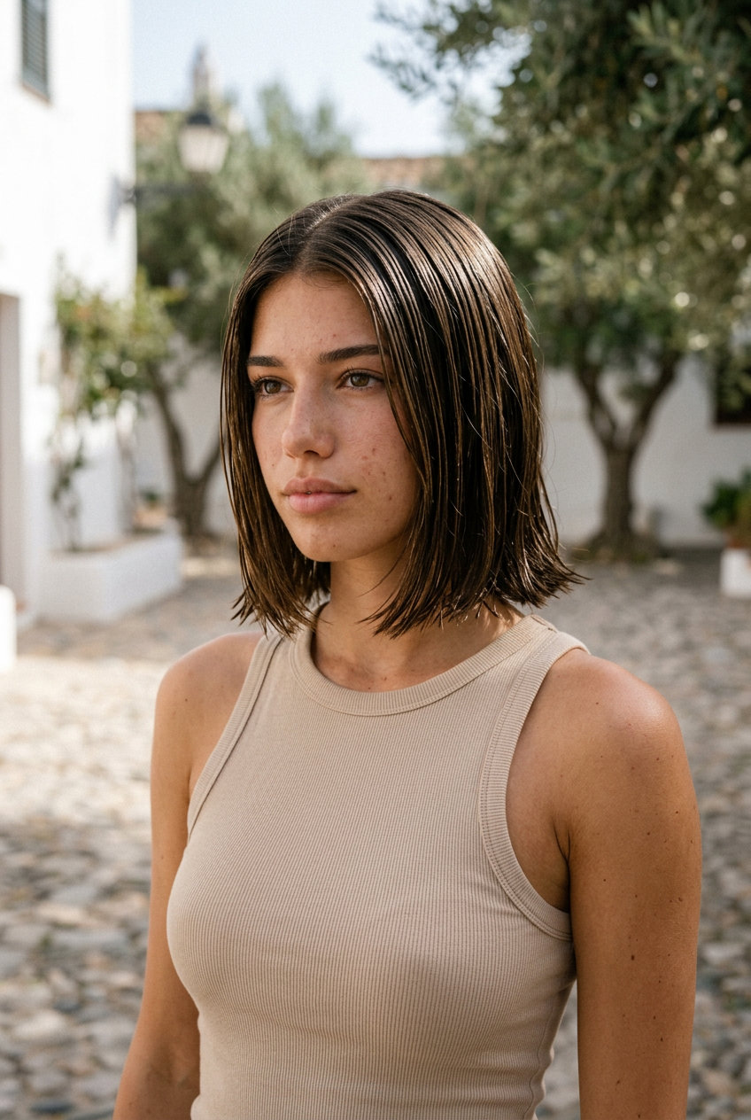 chin-length layered bob haircut in deep espresso brunette with high-shine finish, blunt perimeter and internal point-cut layers for summer