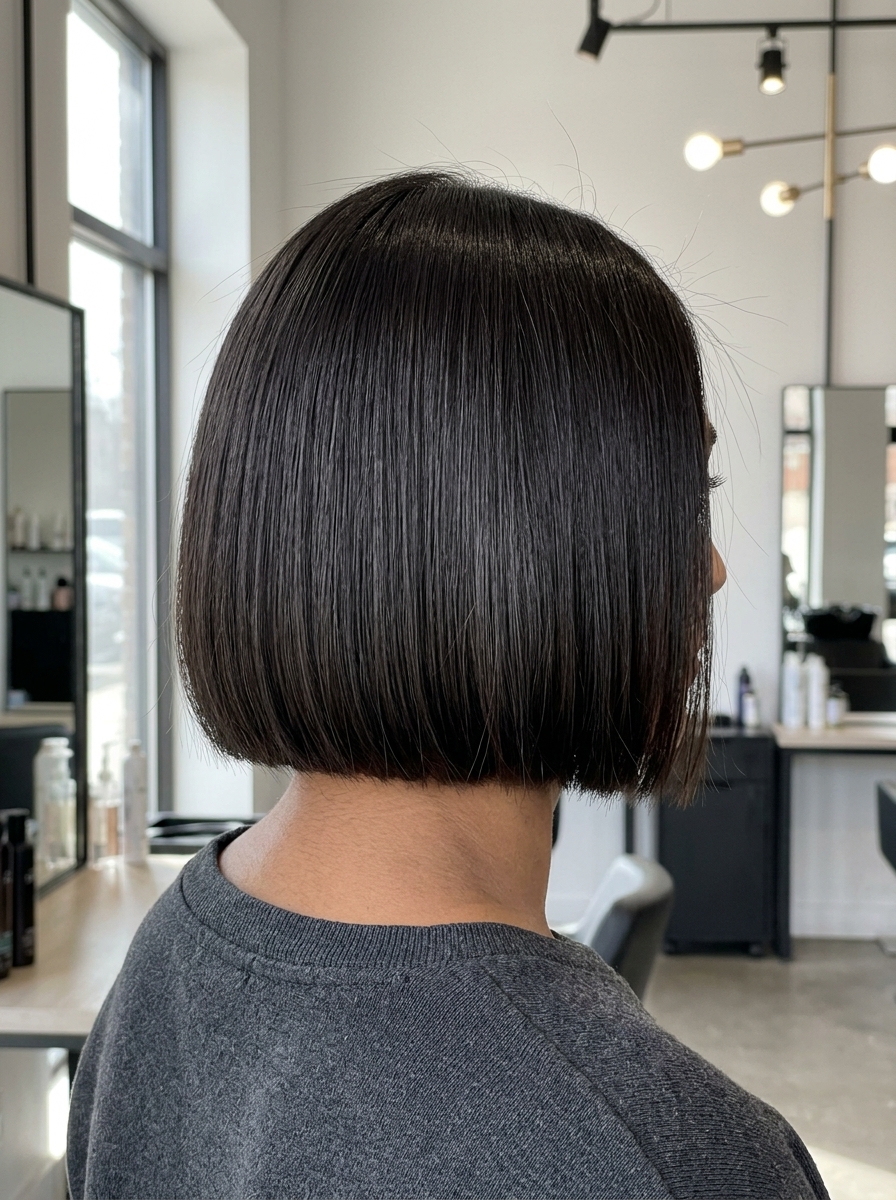 Liquid Glam Bob: Sleek Summer Hair 2026 chin-length blunt bob haircut in deep espresso brunette with liquid gloss for summer 2026