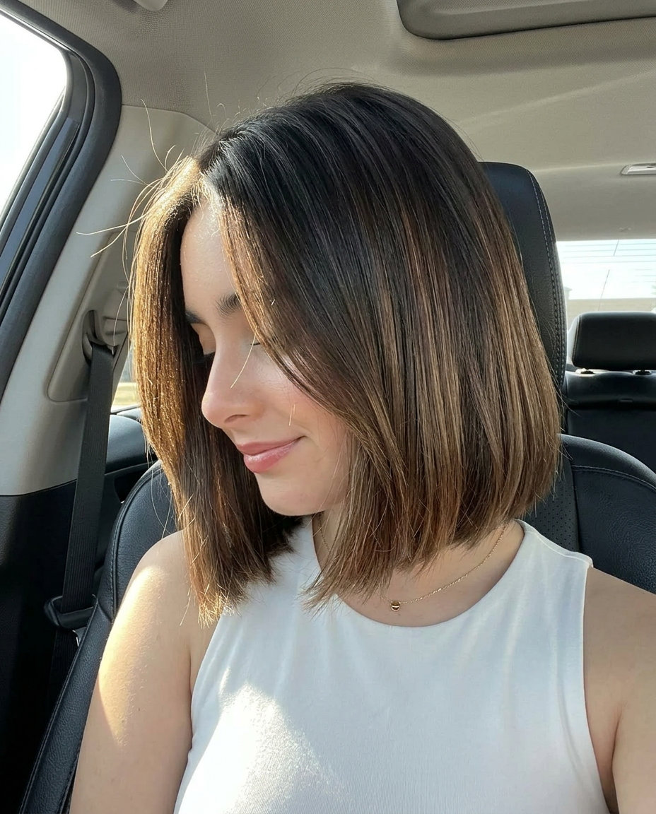 chin-length blunt bob with deep espresso to chestnut ombre, seamless melt, no bangs — polished professional