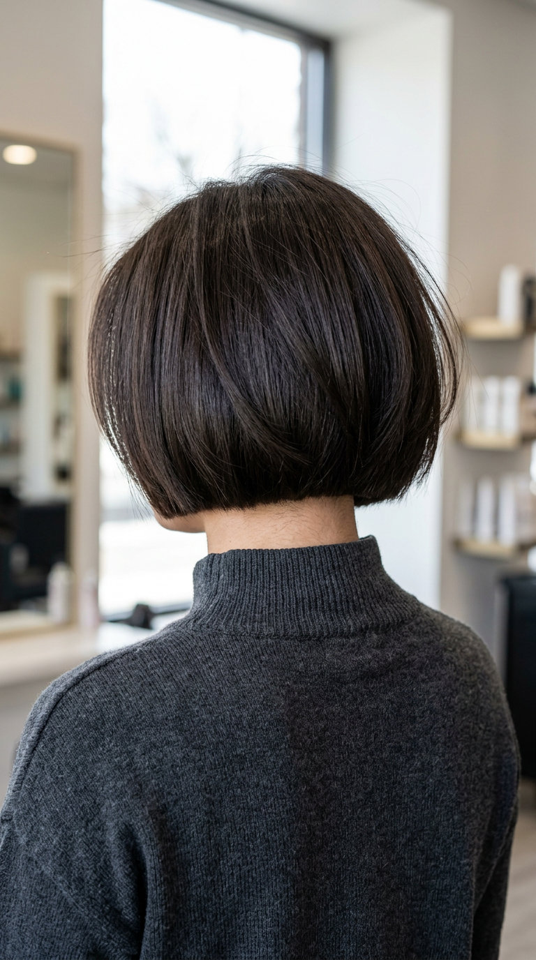 Italian Bob 2026: Bold Espresso Brunette for Round Faces chin-length espresso brunette Italian bob with cool undertones, blunt perimeter, minimal crown layers, no bangs — edgy cocktail party