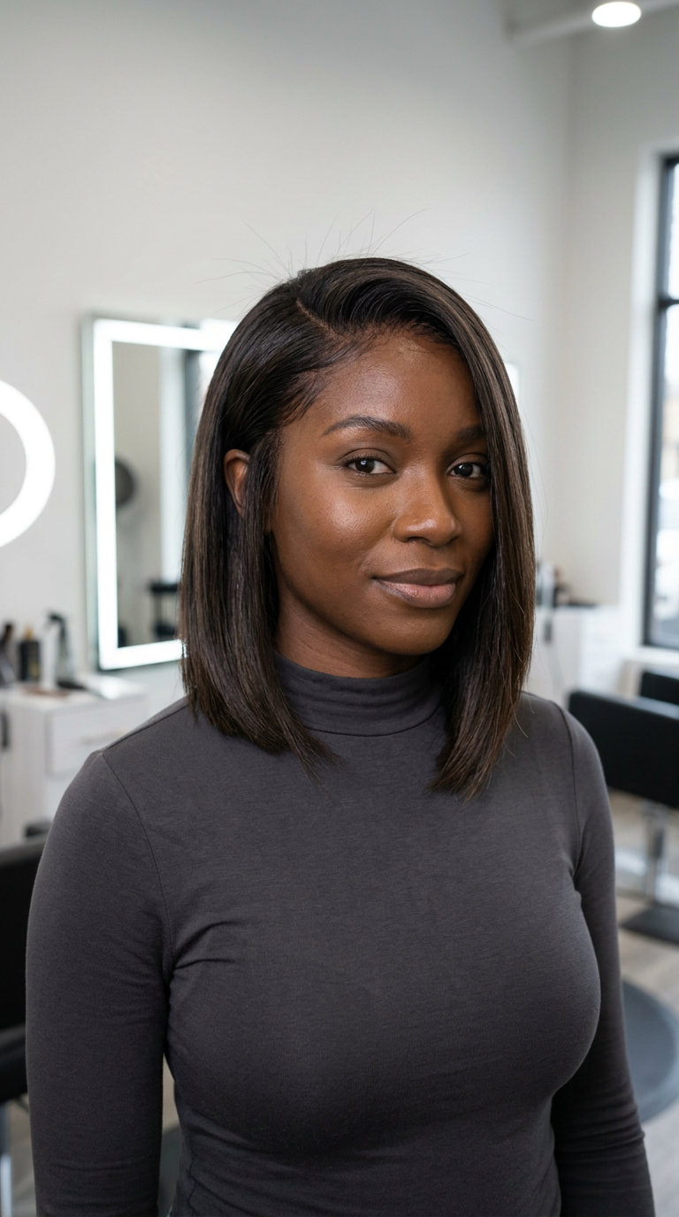 Shadow Contour Bob: Face-Slimming Brunette Cut 2026 chin-to-shoulder asymmetrical bob with deep espresso brunette, blunt perimeter and side part for summer 2026
