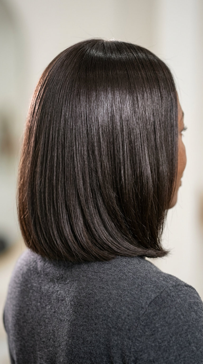 collarbone-length espresso brown haircut with subtle internal layers, blunt cut, no bangs — elegant professional style