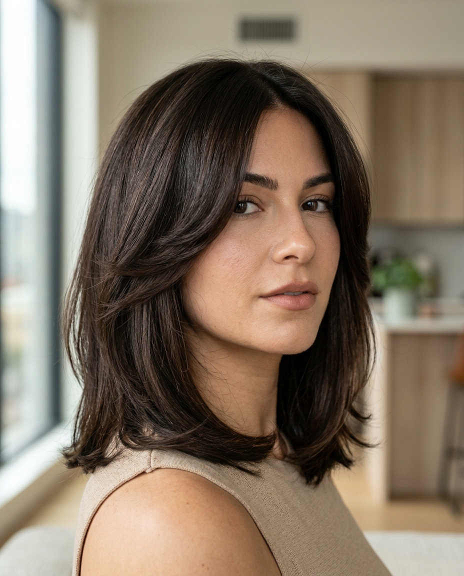 collarbone butterfly haircut in deep espresso roast, graduated layers, no fringe — chic