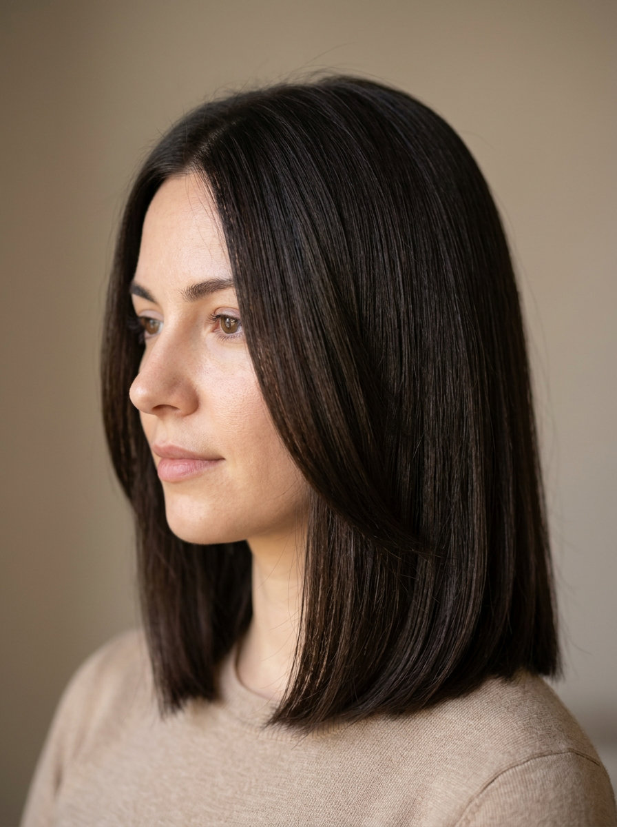 collarbone-length layered lob haircut in deep espresso roast brunette with invisible internal layers for summer