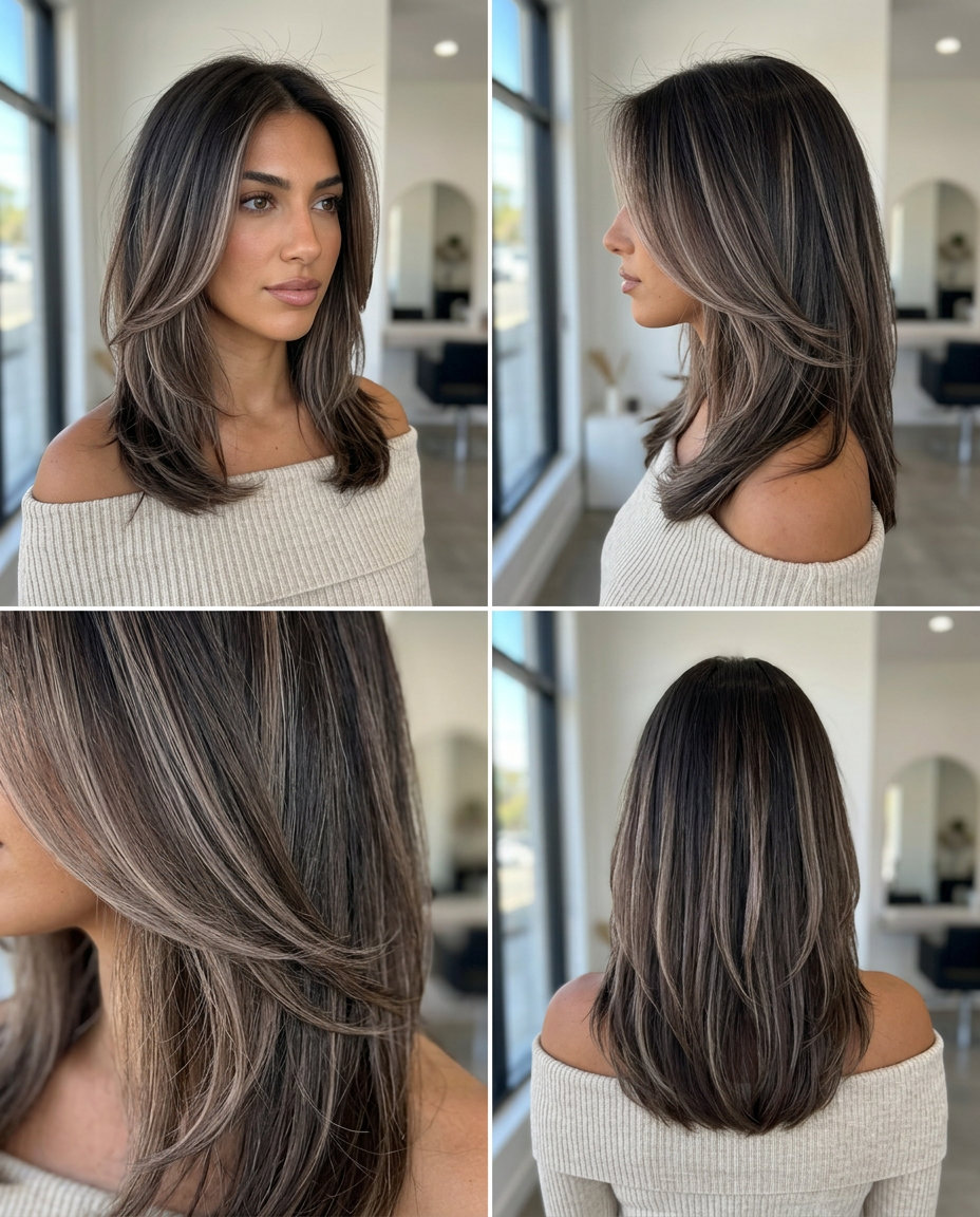 Espresso Martini Balayage Brunette 2026 long layered brunette hair with espresso balayage, cool beige highlights for summer