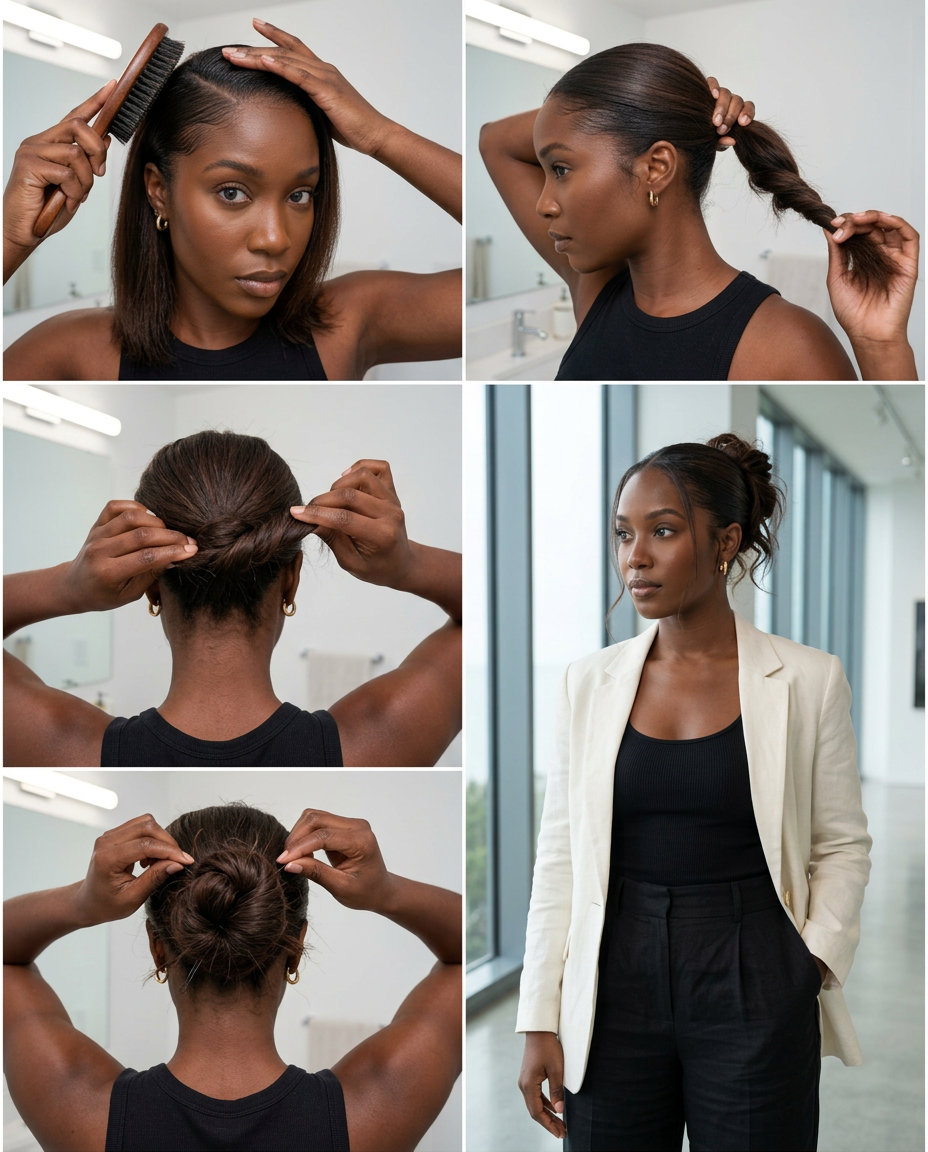 espresso gloss messy bun with sleek front and cool mocha undertones for professional events