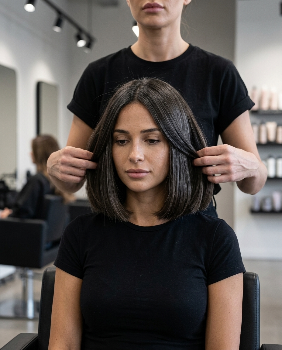 Sleek Espresso Bob: Sophisticated Summer 2026 jaw-length blunt bob haircut in deep espresso brunette with silver reflects for summer 2026