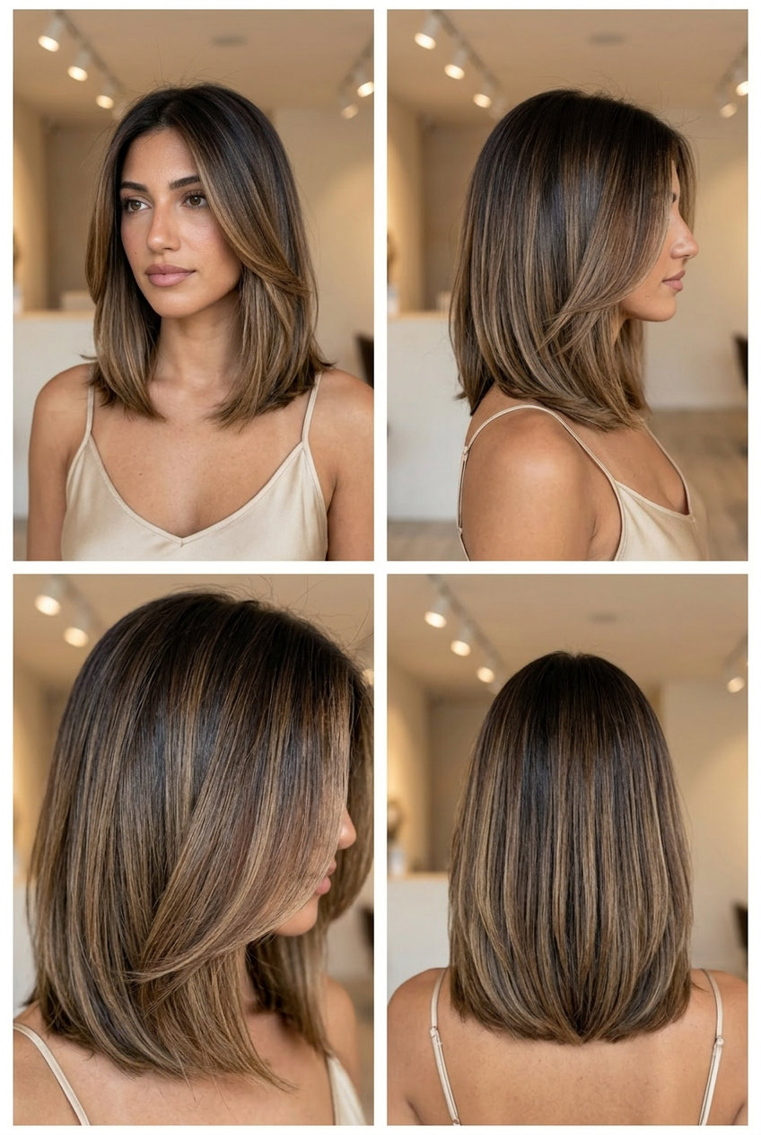 layered lob with espresso root to caramel and golden bronde melt, face-framing pieces — soft dimensional look
