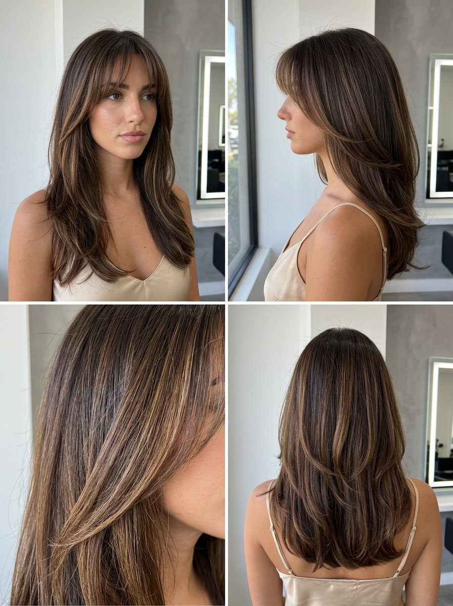 long espresso brunette with caramel balayage and wispy Birkin bangs for chic retro vibes