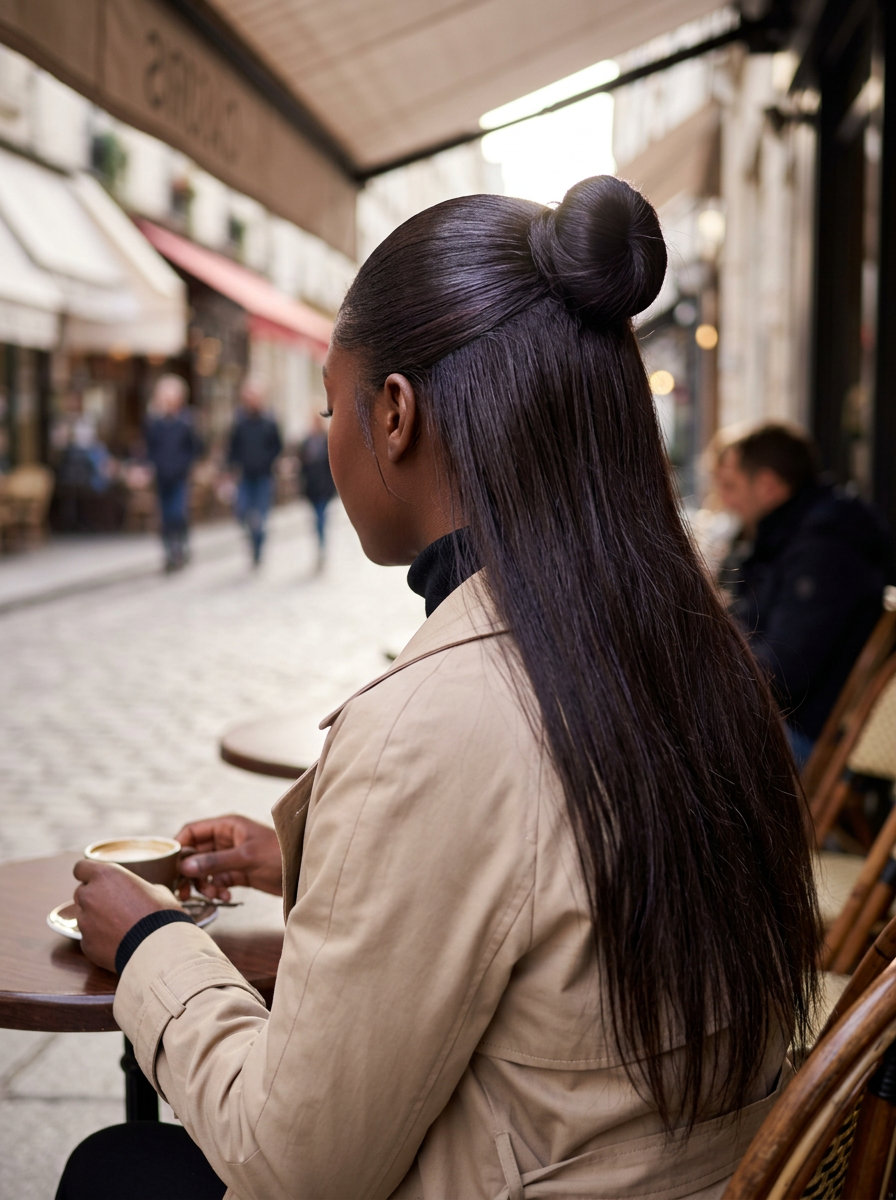 long deep espresso bun with cool violet undertones, face-framing layers, curtain bangs — casual chic