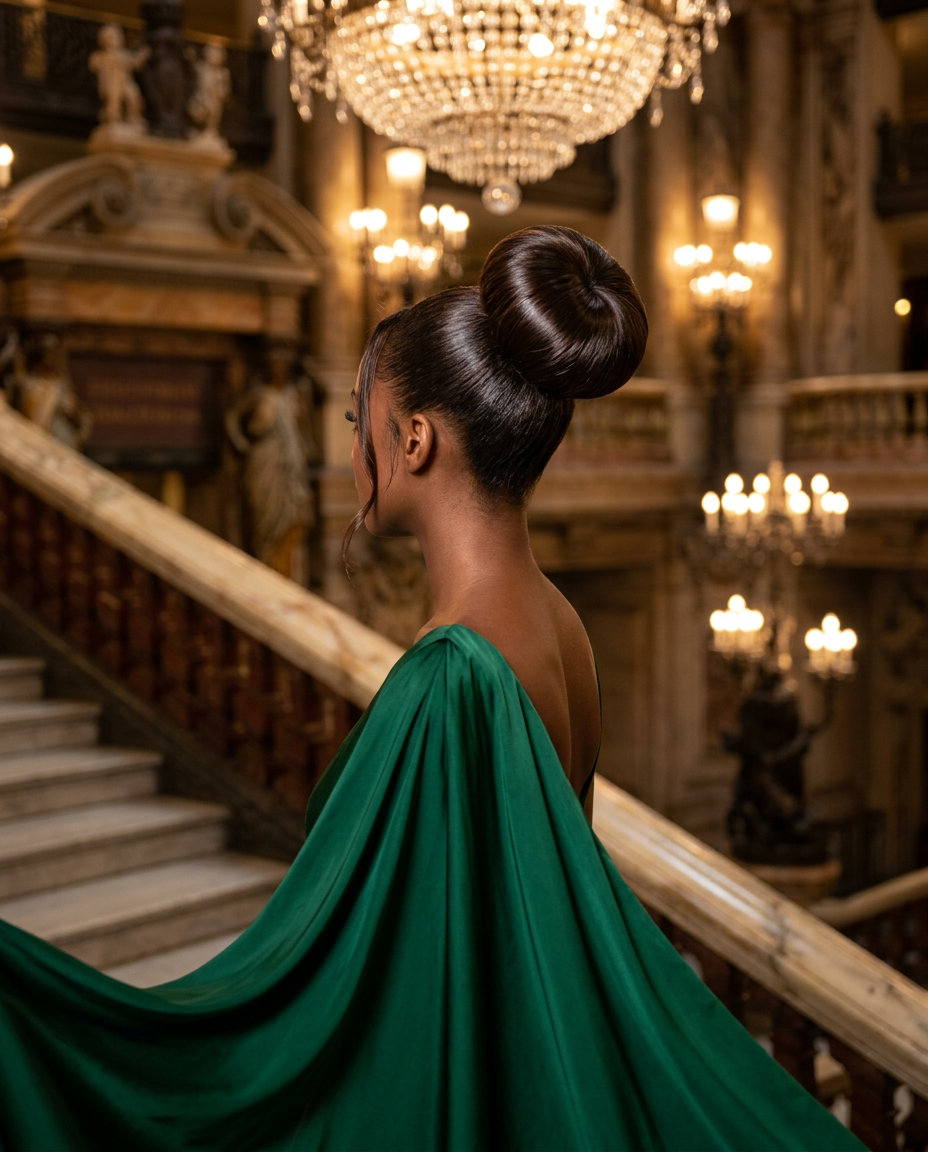 long espresso brunette sleek bun with high-gloss finish for professional events