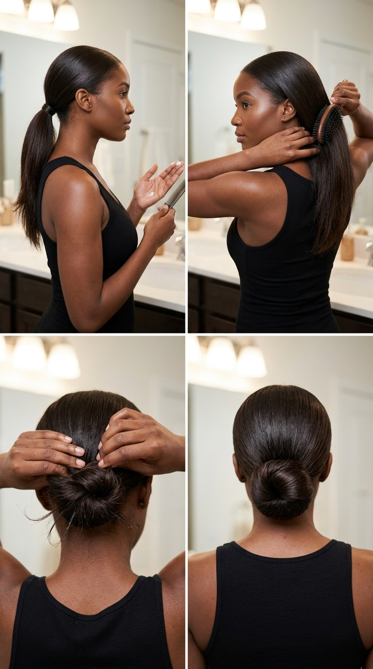 long sleek low bun with deep espresso color, sharp center part & smooth finish for office