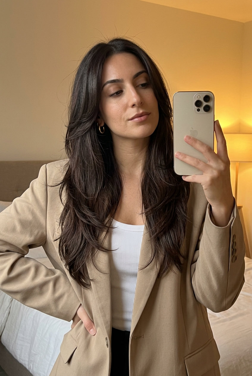 long butterfly haircut with espresso brunette, cool cocoa undertones, and face-framing — sophisticated professional