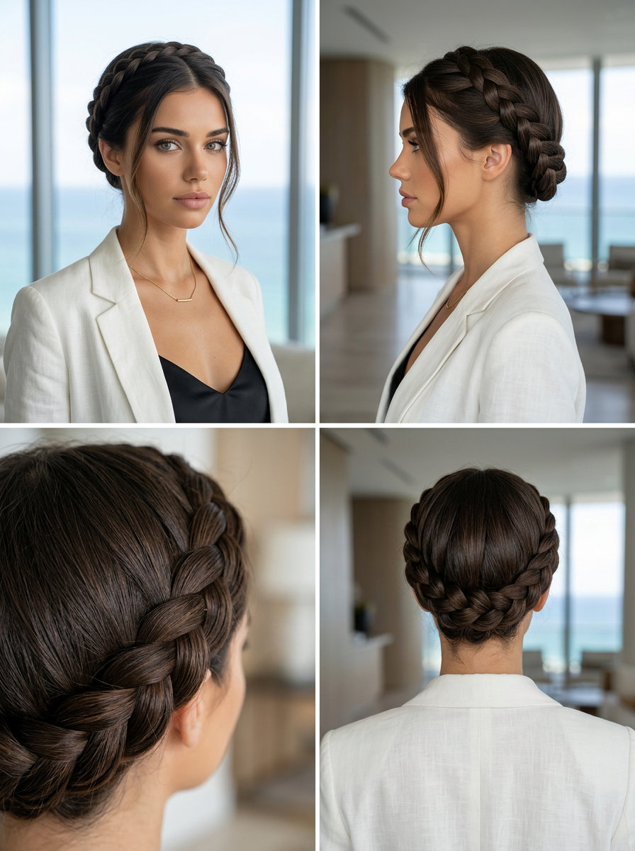 long espresso brown Dutch halo braid with subtle dark chocolate dimension, polished finish for summer wedding guest