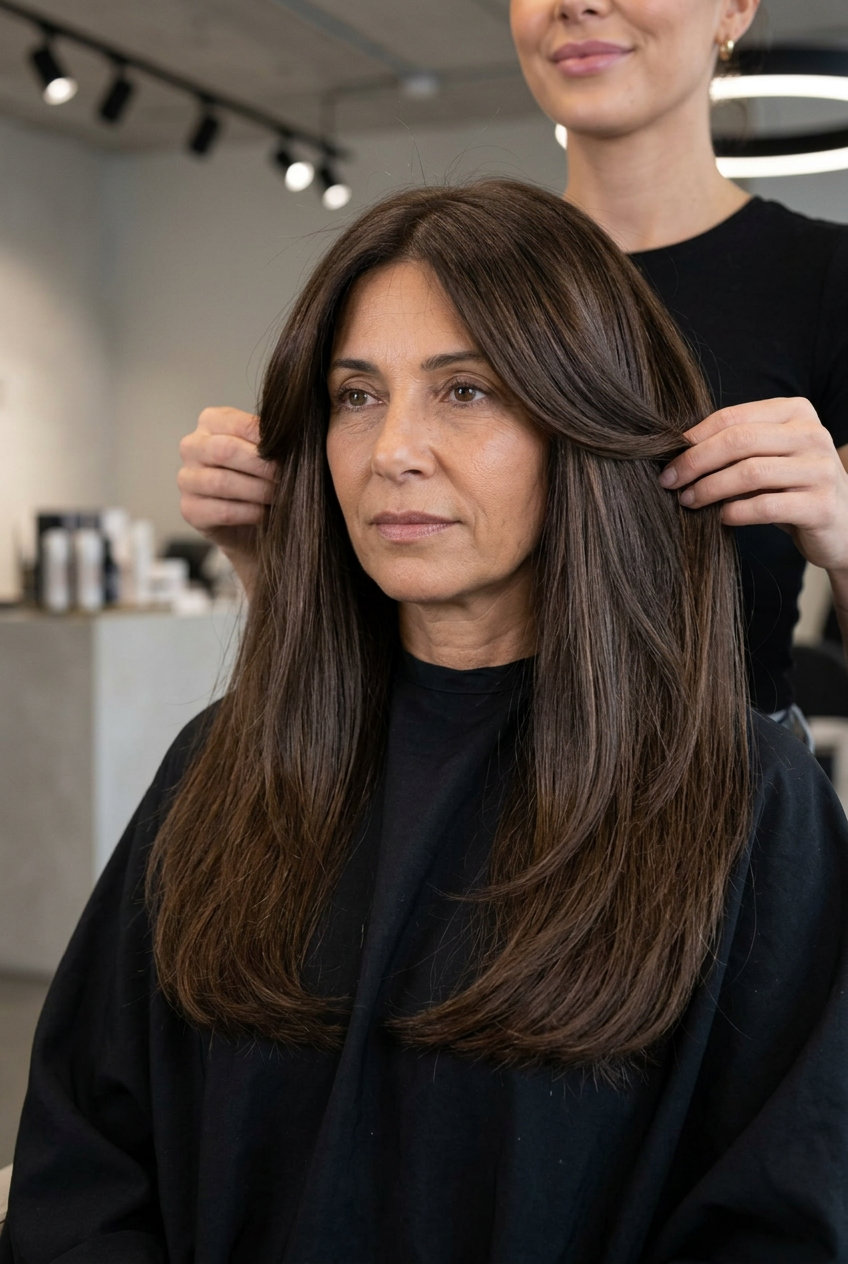 long haircut with deep espresso gloss, invisible layers, blunt ends — sophisticated, luxurious, polished