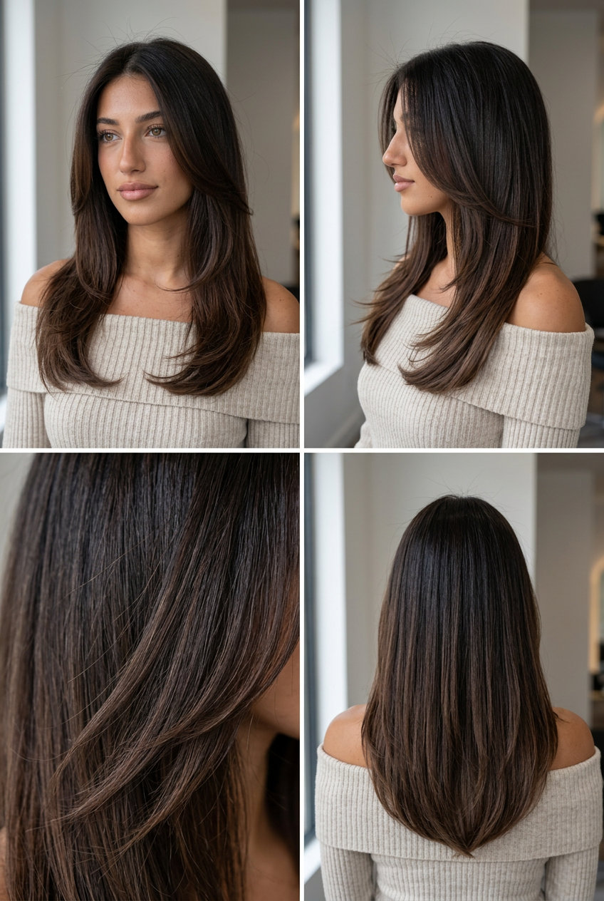 long layered haircut with espresso chocolate color, C-shaped layers and face-framing for elegant look