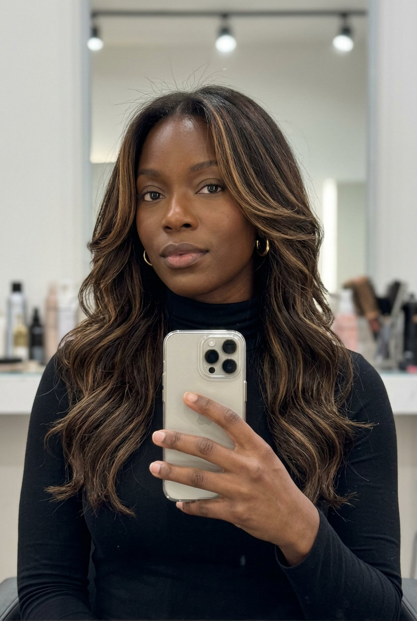 long layered haircut with rich espresso, caramel ribbons, face-framing layers — romantic elegance
