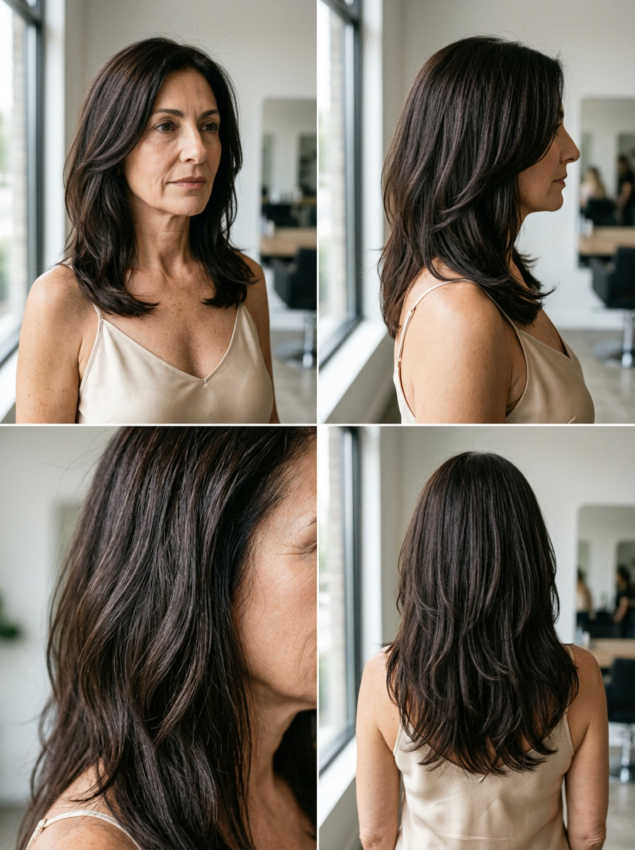 long layered haircut with deep espresso gloss, cascading layers, soft U-shape back — elegant, romantic, glamorous