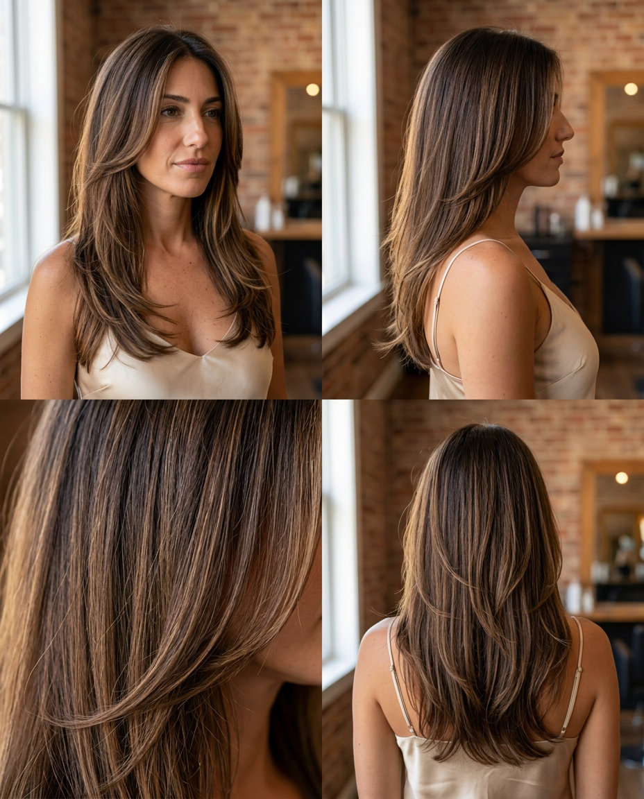 long layered espresso brunette with caramel balayage and face-framing layers for summer