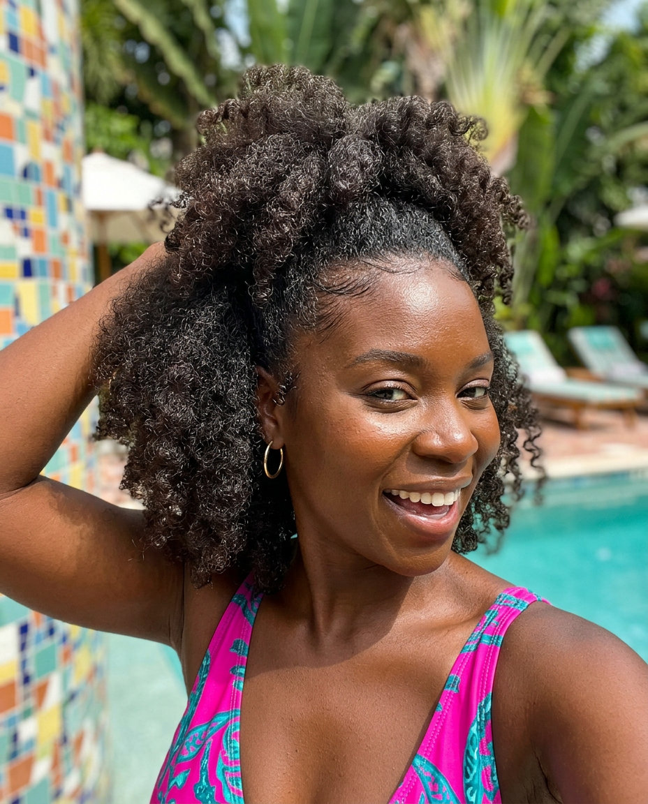 long natural hair with espresso, voluminous pineapple puff, defined curls — playful gym