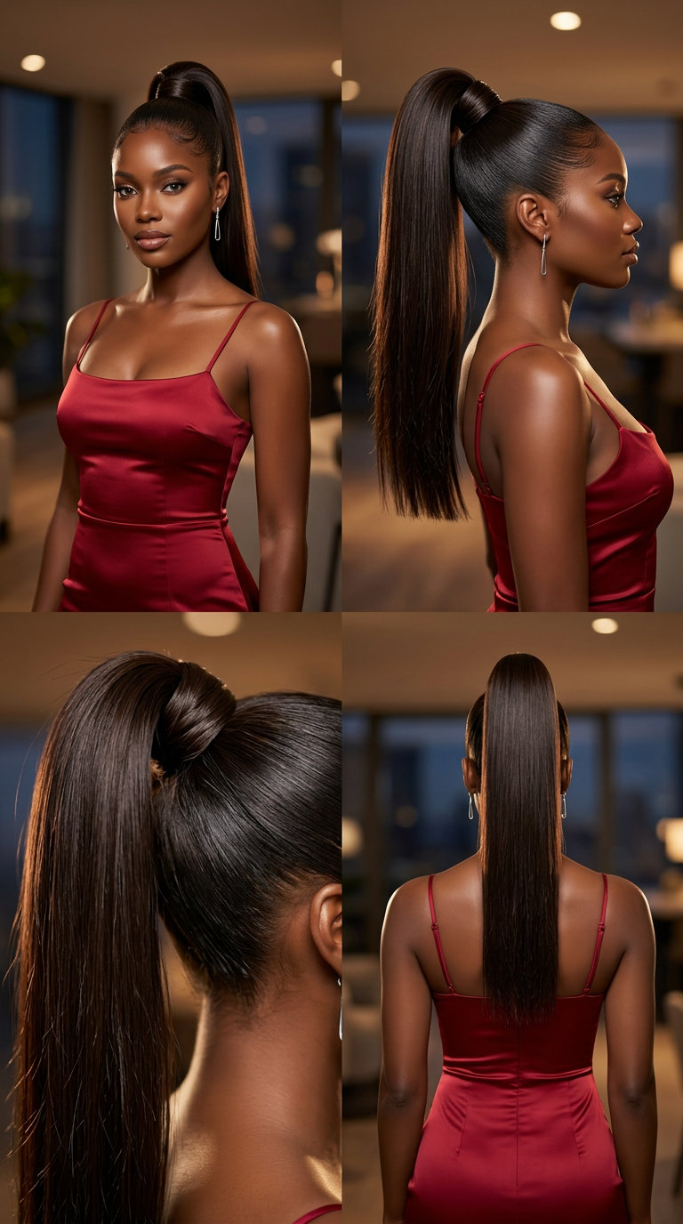Snatched Y2K Palm Pony 2026 long sleek ponytail with deep espresso brunette, ultra-high placement, and blunt ends — bold summer party
