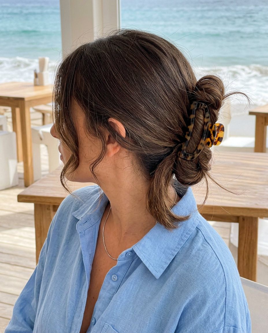 long espresso messy summer updo hairstyle with cool mocha tones, claw clip twist, loose tendrils — minimalist chic daily wear