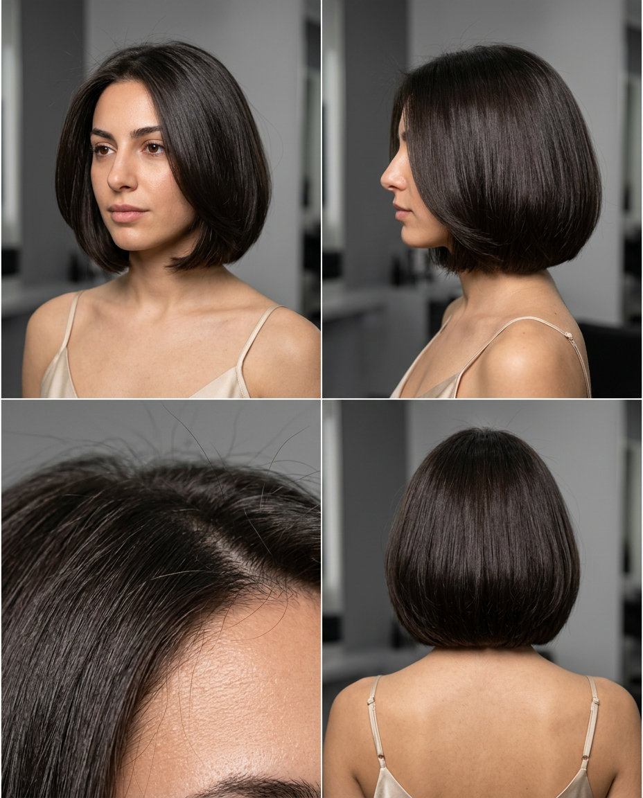 Fresh Summer Haircut 2026: Baroque Bob chin-length blunt bob with espresso martini color, cool ash reflects, rounded silhouette — glamorous, sophisticated