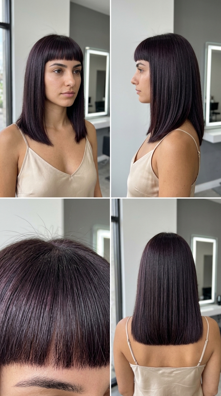 Modern Minimalist Midi with Micro-Bangs medium blunt cut espresso brunette with violet undertones, micro-bangs, and sharp perimeter for professional events