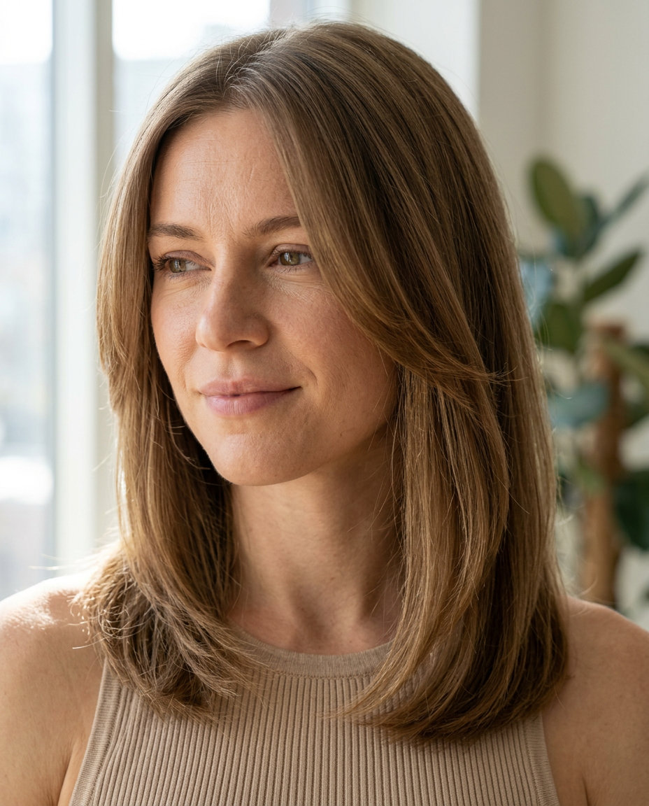 Sleek Kitty Cut 2026: Espresso Brunette for Round Faces medium espresso brunette Kitty Cut with cool ash undertones, invisible internal layers, no bangs — playful weekend brunch