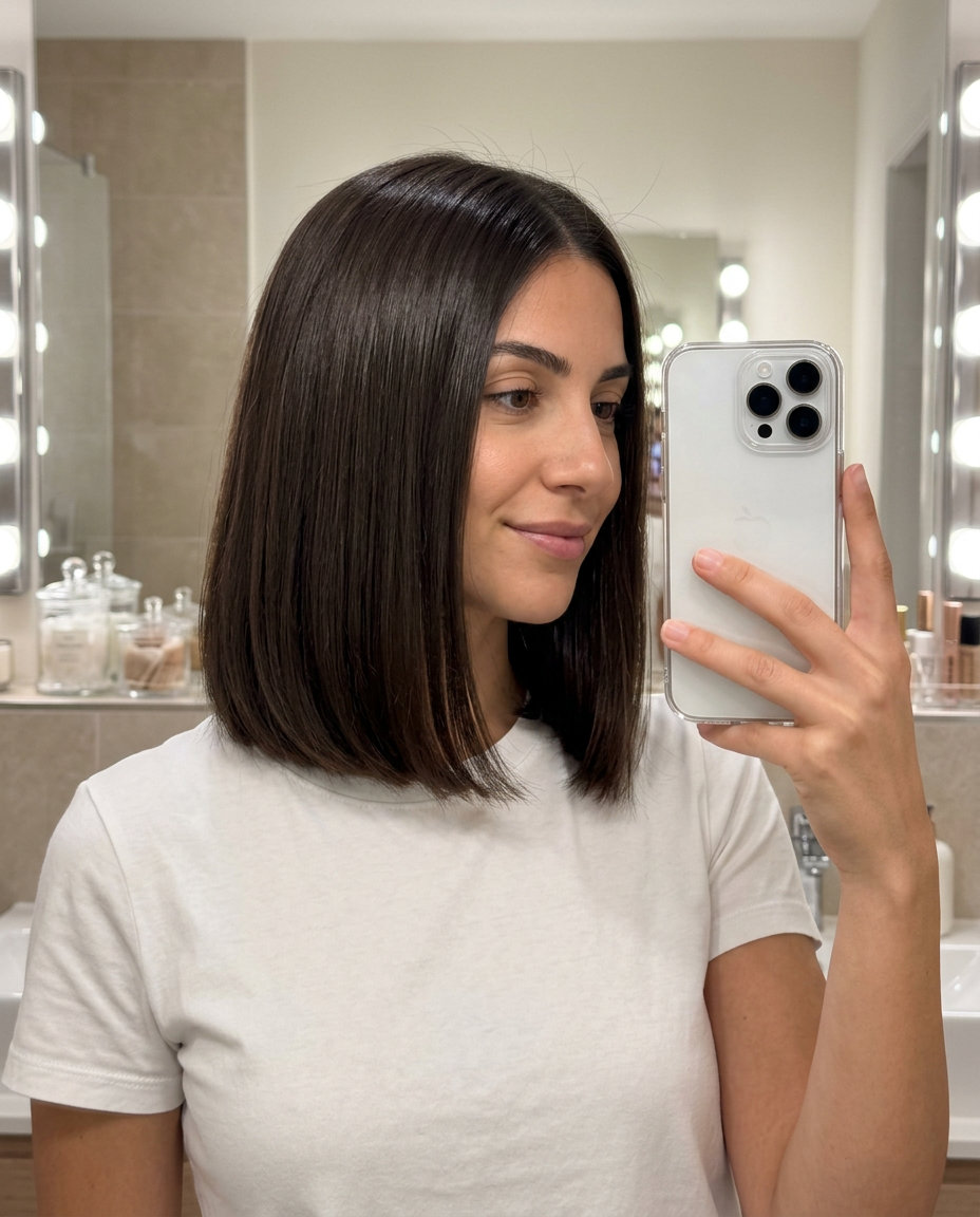 Rich Espresso Brunette Hair Color 2026 sleek mid-length cut brunette hair with rich espresso solid color, professional mood