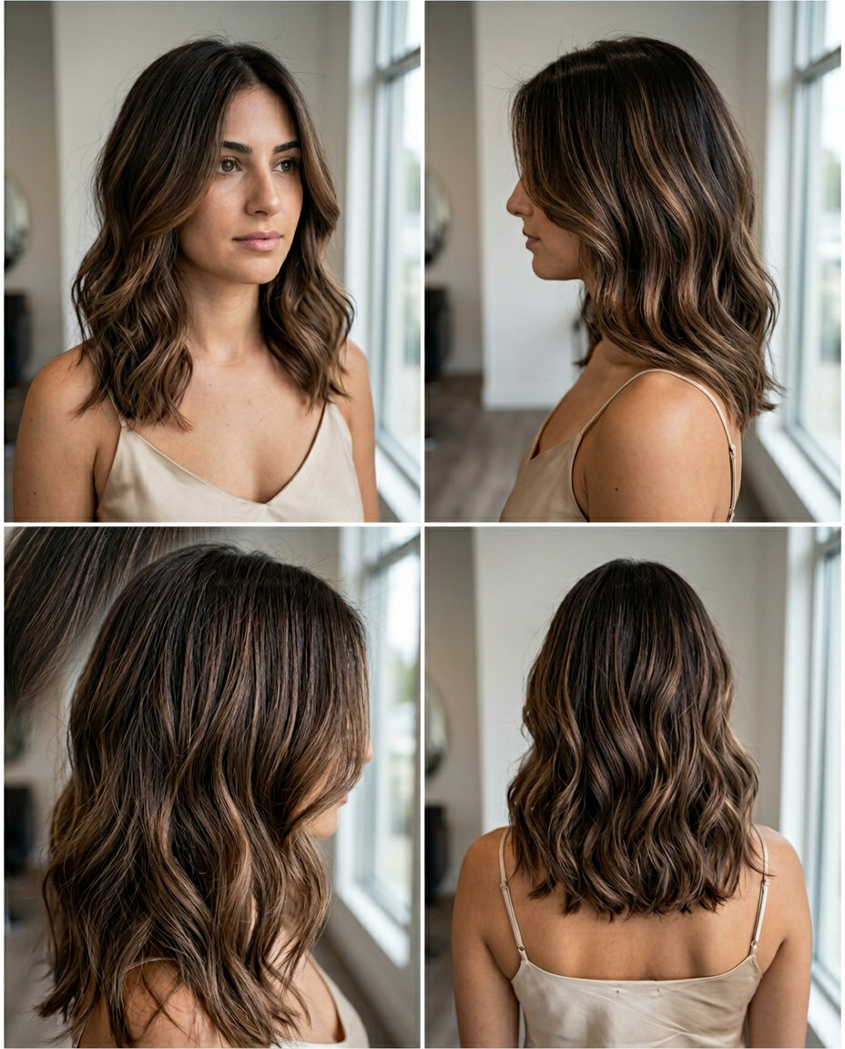 midi cut with espresso and mocha balayage, face-framing pieces — professional sophisticated look