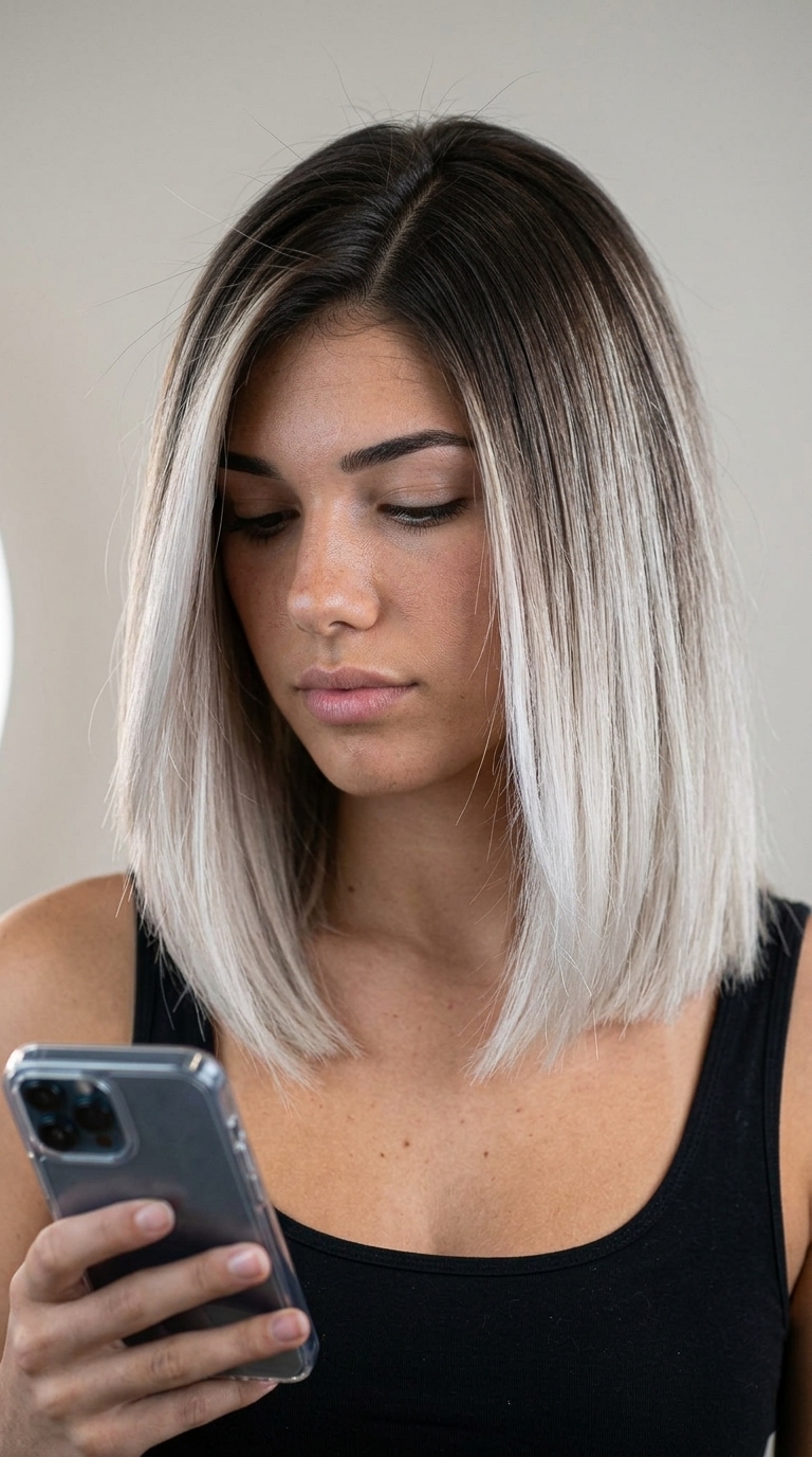 The Ombré Sculpt Haircut 2026 medium blunt ombré haircut with espresso to icy platinum, seamless balayage, no bangs — bold, modern