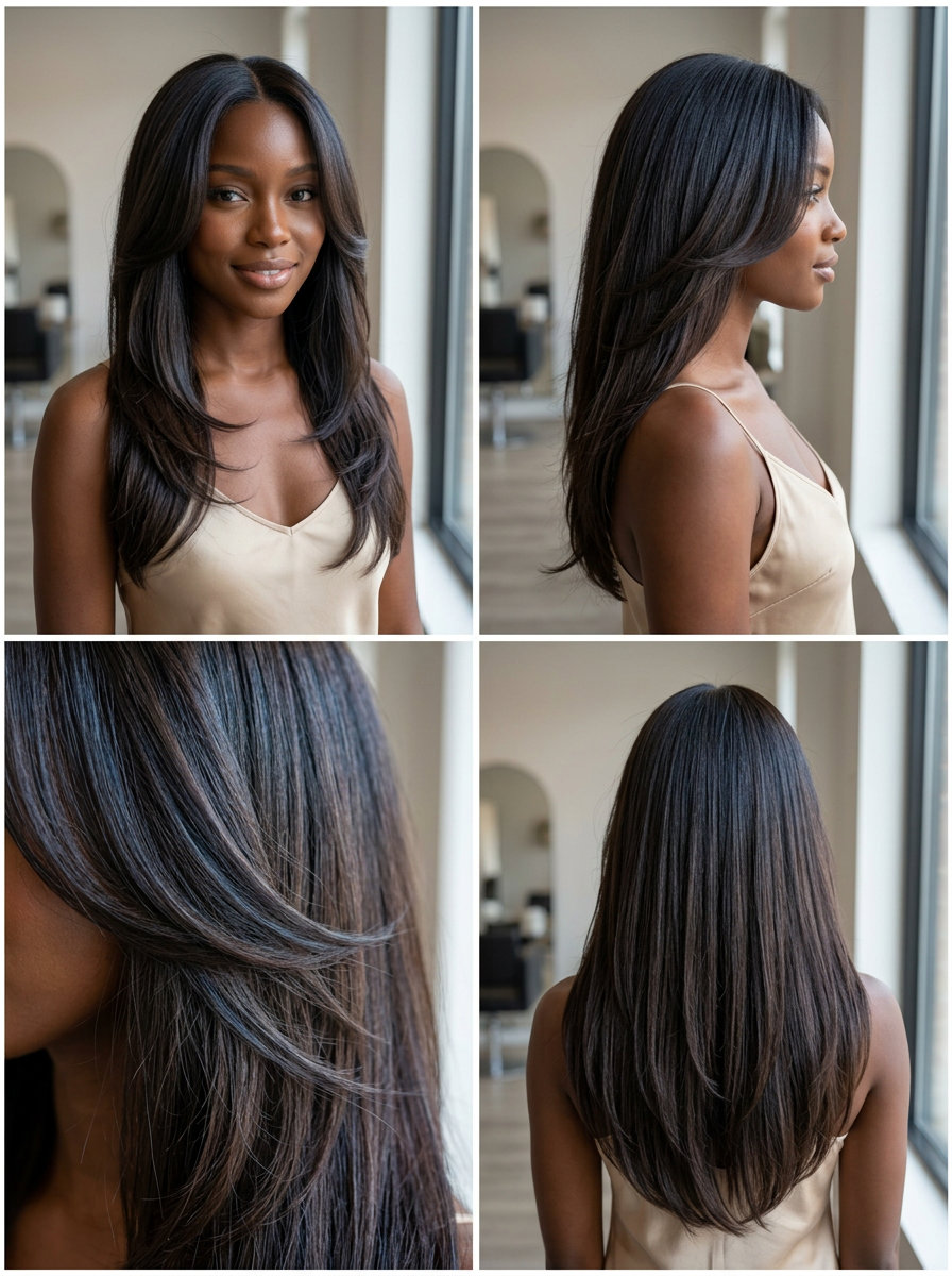 long layered espresso roast with face-framing layers and cool brown undertones for summer