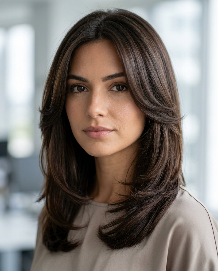 long layered face-framing haircut in espresso roast with cool blue undertones