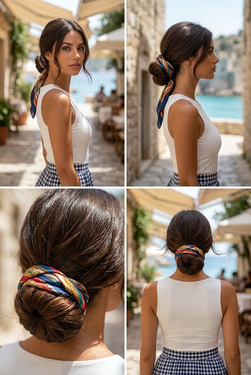 espresso roast scarf bun with vibrant scarf accents and a retro chic finish