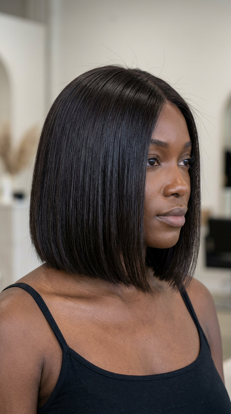 short bob haircut with deep espresso gloss, blunt cut, deep side part — sophisticated & polished