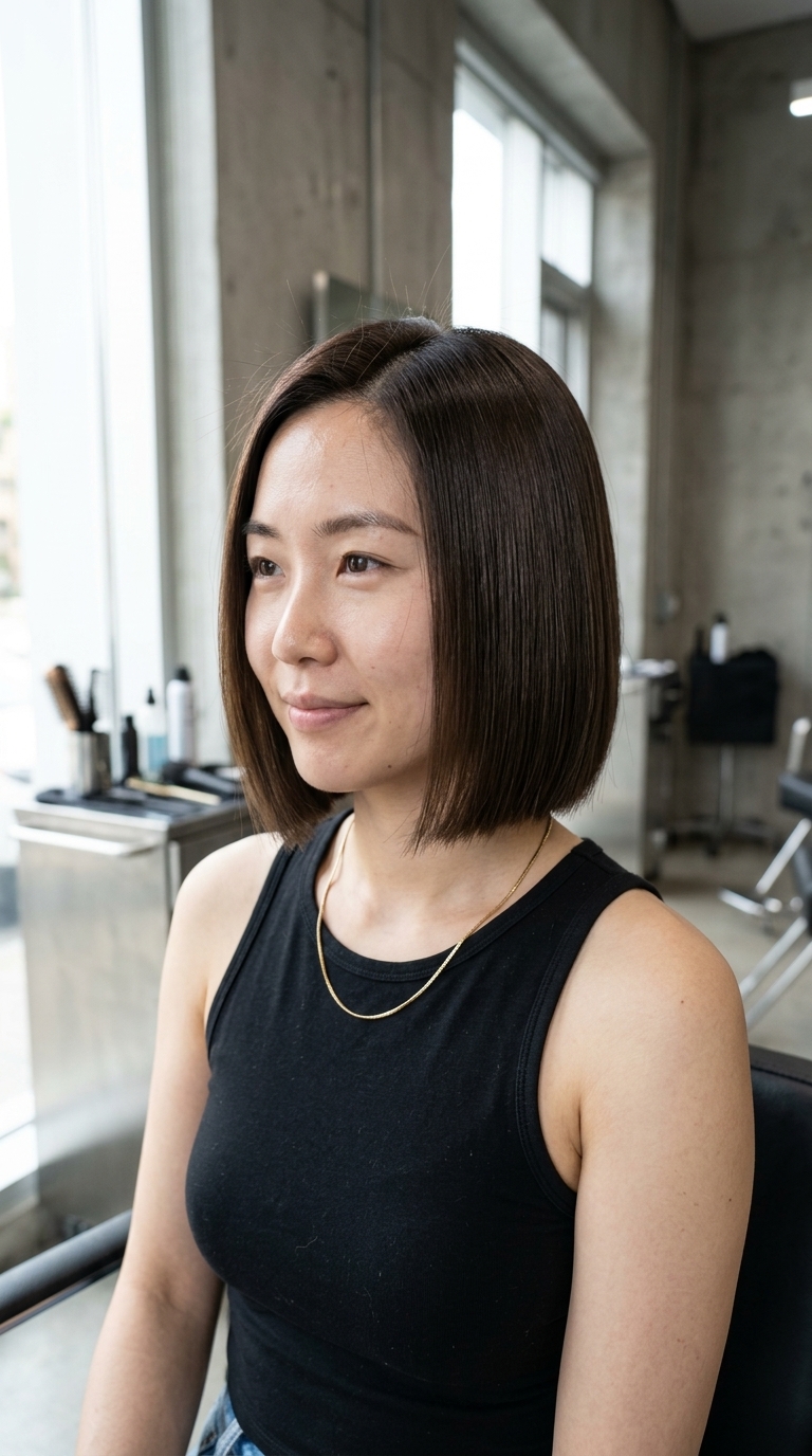 short blunt bob with espresso gloss and sharp perimeter for summer
